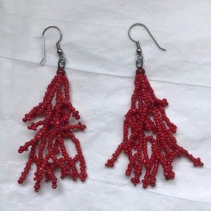 Handmade beaded coral drop dangle earrings